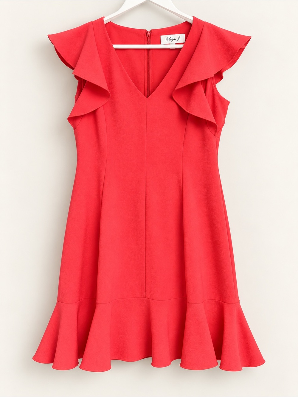Eliza J Coral-Red Ruffle Sleeve Fit & Flare Dress